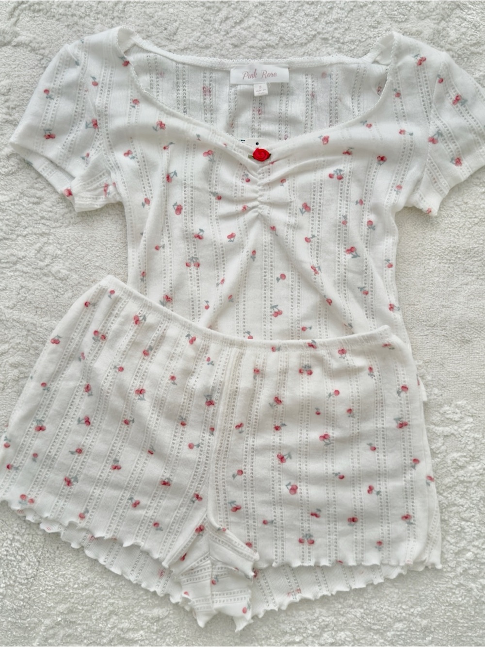 Pink Rose White Knit Cherry-Print Short Pajama Sleep Set